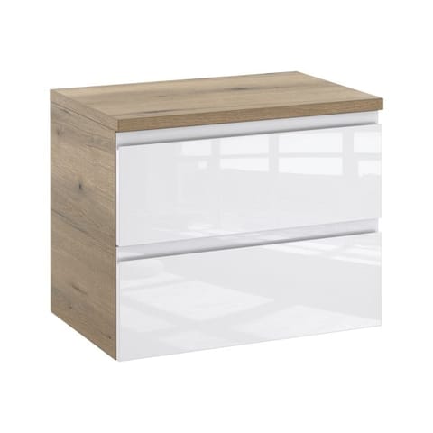 Szafka wisząca z blatem Nova 60 cm, szuflady - Biały wysoki połysk, boki dąb Evoke Coast