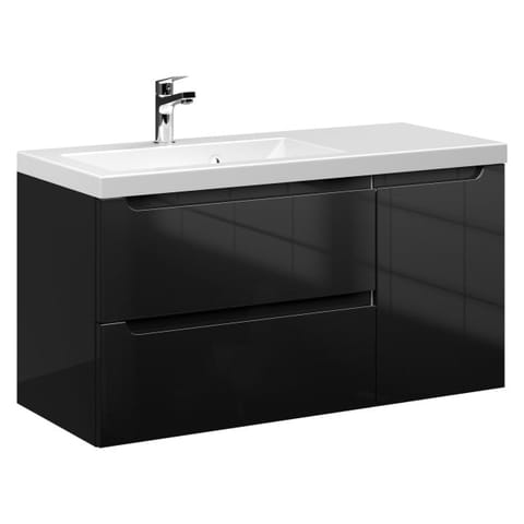 Szafka wisząca z umywalką Ethos Black 90 cm lewa, 2 szuflady i drzwi - Czarny wysoki połysk
