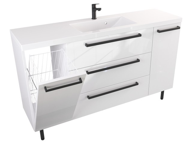 Szafka Stojąca Z Umywalką ATH 140 cm KD - Biały Wysoki Połysk - Uchwyty Czarne Matowe Szafka Stojąca Z Umywalką ATH 140 cm KD - Biały Wysoki Połysk - Uchwyty Czarne Matowe