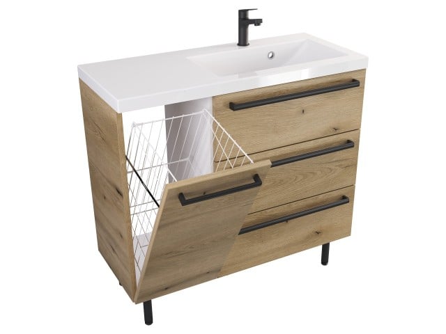 Szafka Stojąca Z Umywalką ATHD 90 cm K Prawa - Dąb Evoke Coast Mat - Uchwyty Czarne Matowe Szafka Stojąca Z Umywalką ATHD 90 cm K Prawa - Dąb Evoke Coast Mat - Uchwyty Czarne Matowe