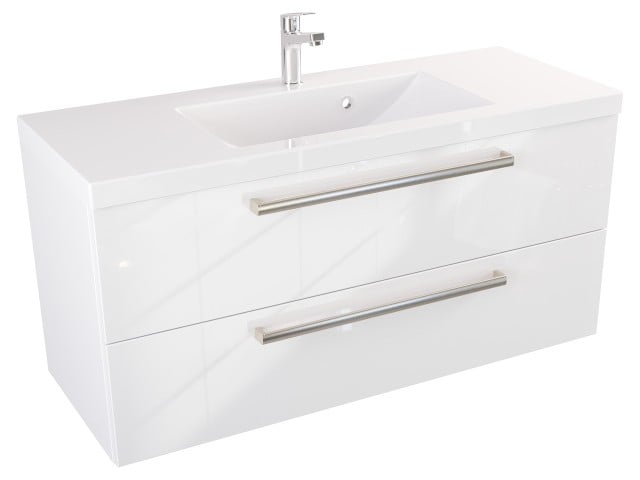 Szafka Wisząca Z Umywalką ATH 100 cm - Biały Wysoki Połysk - Uchwyty Stal Szczotkowana Szafka Wisząca Z Umywalką ATH 100 cm - Biały Wysoki Połysk - Uchwyty Stal Szczotkowana