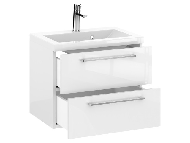 Szafka Wisząca Z Umywalką RON 60 cm - Biały Wysoki Połysk - Uchwyty Chromowane