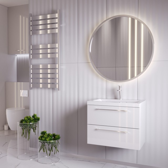 Szafka Wisząca Z Umywalką RON 60 cm - Biały Wysoki Połysk - Uchwyty Chromowane