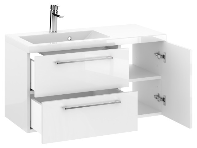 Szafka Wisząca Z Umywalką RON 90 cm D Lewa - Biały Wysoki Połysk - Uchwyty Chromowane