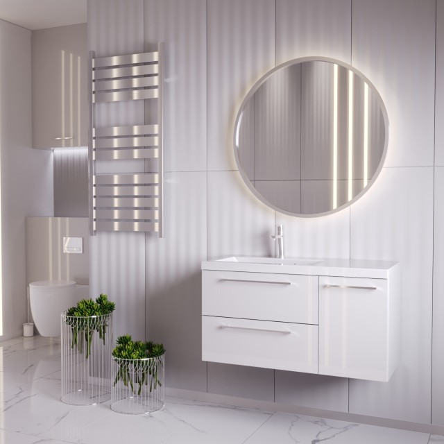 Szafka Wisząca Z Umywalką RON 90 cm D Lewa - Biały Wysoki Połysk - Uchwyty Chromowane