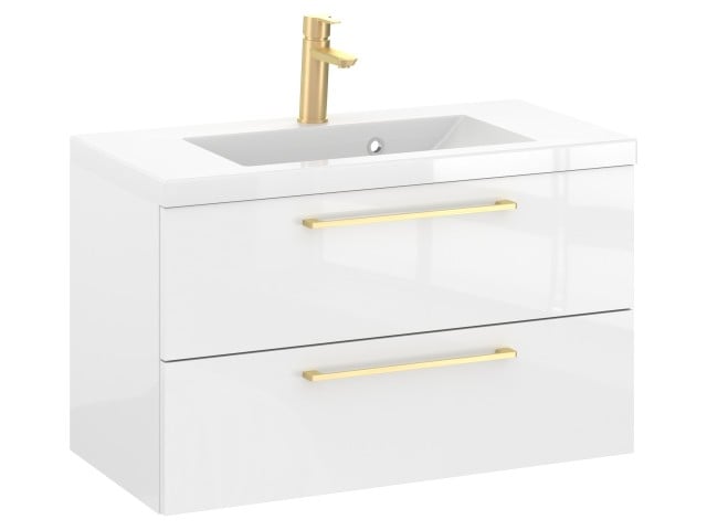 Szafka Wisząca Z Umywalką RON 80 cm - Biały Wysoki Połysk - Uchwyty Złote Szczotkowane Szafka Wisząca Z Umywalką RON 80 cm - Biały Wysoki Połysk - Uchwyty Złote Szczotkowane