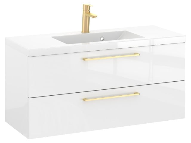 Szafka Wisząca Z Umywalką RON 100 cm - Biały Wysoki Połysk - Uchwyty Złote Szczotkowane Szafka Wisząca Z Umywalką RON 100 cm - Biały Wysoki Połysk - Uchwyty Złote Szczotkowane