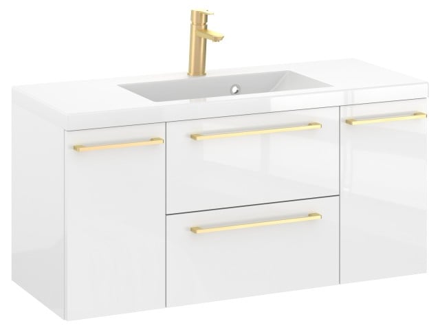 Szafka Wisząca Z Umywalką RON 100 cm D - Biały Wysoki Połysk - Uchwyty Złote Szczotkowane Szafka Wisząca Z Umywalką RON 100 cm D - Biały Wysoki Połysk - Uchwyty Złote Szczotkowane