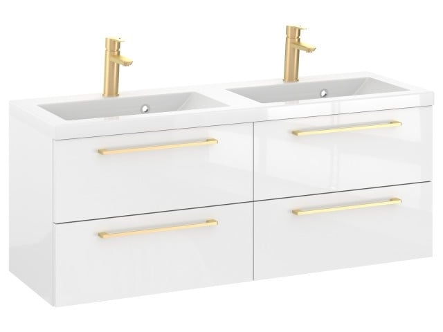Szafka Wisząca Z Umywalką RON 120 cm DUO - Biały Wysoki Połysk - Uchwyty Złote Szczotkowane Szafka Wisząca Z Umywalką RON 120 cm DUO - Biały Wysoki Połysk - Uchwyty Złote Szczotkowane