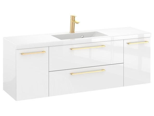 Szafka Wisząca Z Umywalką RON 140 cm D - Biały Wysoki Połysk - Uchwyty Złote Szczotkowane Szafka Wisząca Z Umywalką RON 140 cm D - Biały Wysoki Połysk - Uchwyty Złote Szczotkowane