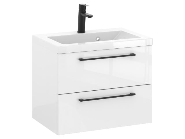 Szafka Wisząca Z Umywalką RON 60 cm - Biały Wysoki Połysk - Uchwyty Czarne Matowe Szafka Wisząca Z Umywalką RON 60 cm - Biały Wysoki Połysk - Uchwyty Czarne Matowe