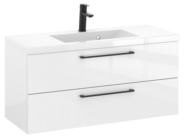 Szafka Wisząca Z Umywalką RON 100 cm - Biały Wysoki Połysk - Uchwyty Czarne Matowe Szafka Wisząca Z Umywalką RON 100 cm - Biały Wysoki Połysk - Uchwyty Czarne Matowe