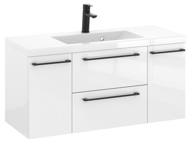 Szafka Wisząca Z Umywalką RON 100 cm D - Biały Wysoki Połysk - Uchwyty Czarne Matowe Szafka Wisząca Z Umywalką RON 100 cm D - Biały Wysoki Połysk - Uchwyty Czarne Matowe