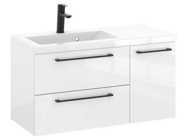 Szafka Wisząca Z Umywalką RON 90 cm D Lewa - Biały Wysoki Połysk - Uchwyty Czarne Matowe Szafka Wisząca Z Umywalką RON 90 cm D Lewa - Biały Wysoki Połysk - Uchwyty Czarne Matowe