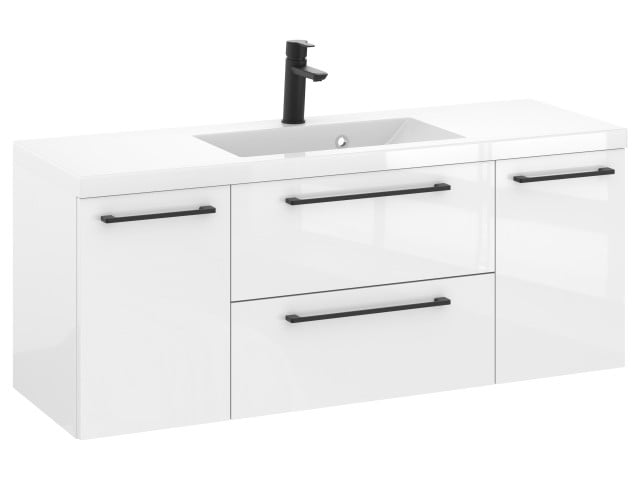 Szafka Wisząca Z Umywalką RON 120 cm D - Biały Wysoki Połysk - Uchwyty Czarne Matowe Szafka Wisząca Z Umywalką RON 120 cm D - Biały Wysoki Połysk - Uchwyty Czarne Matowe