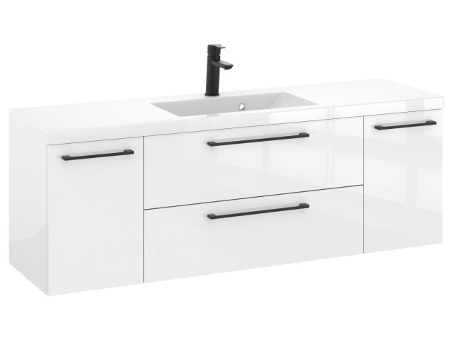 Szafka Wisząca Z Umywalką RON 140 cm D - Biały Wysoki Połysk - Uchwyty Czarne Matowe Szafka Wisząca Z Umywalką RON 140 cm D - Biały Wysoki Połysk - Uchwyty Czarne Matowe