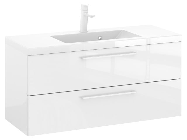 Szafka Wisząca Z Umywalką RON 100 cm - Biały Wysoki Połysk - Uchwyty Białe Matowe Szafka Wisząca Z Umywalką RON 100 cm - Biały Wysoki Połysk - Uchwyty Białe Matowe