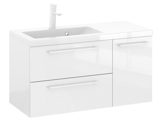 Szafka Wisząca Z Umywalką RON 90 cm D Lewa - Biały Wysoki Połysk - Uchwyty Białe Matowe Szafka Wisząca Z Umywalką RON 90 cm D Lewa - Biały Wysoki Połysk - Uchwyty Białe Matowe