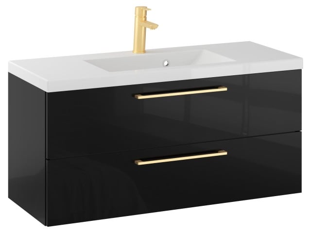 Szafka Wisząca Z Umywalką RON 100 cm - Czarny Wysoki Połysk - Uchwyty Złote Szczotkowane Szafka Wisząca Z Umywalką RON 100 cm - Czarny Wysoki Połysk - Uchwyty Złote Szczotkowane