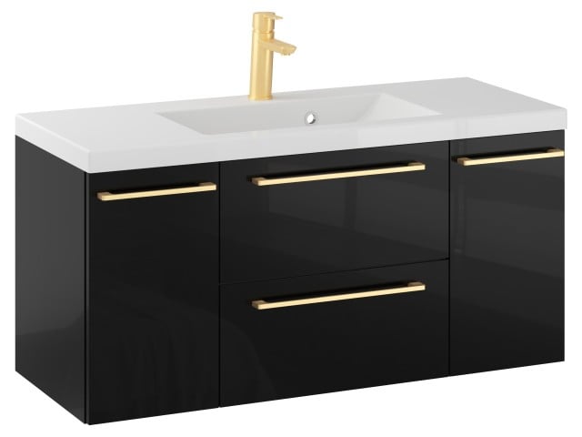 Szafka Wisząca Z Umywalką RON 100 cm D - Czarny Wysoki Połysk - Uchwyty Złote Szczotkowane Szafka Wisząca Z Umywalką RON 100 cm D - Czarny Wysoki Połysk - Uchwyty Złote Szczotkowane