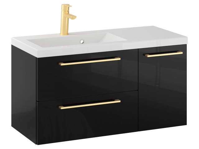 Szafka Wisząca Z Umywalką RON 90 cm D Lewa - Czarny Wysoki Połysk - Uchwyty Złote Szczotkowane Szafka Wisząca Z Umywalką RON 90 cm D Lewa - Czarny Wysoki Połysk - Uchwyty Złote Szczotkowane