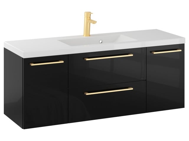 Szafka Wisząca Z Umywalką RON 120 cm D - Czarny Wysoki Połysk - Uchwyty Złote Szczotkowane Szafka Wisząca Z Umywalką RON 120 cm D - Czarny Wysoki Połysk - Uchwyty Złote Szczotkowane