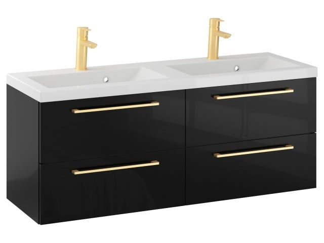 Szafka Wisząca Z Umywalką RON 120 cm DUO - Czarny Wysoki Połysk - Uchwyty Złote Szczotkowane Szafka Wisząca Z Umywalką RON 120 cm DUO - Czarny Wysoki Połysk - Uchwyty Złote Szczotkowane
