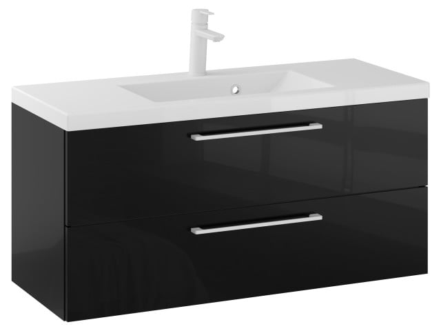 Szafka Wisząca Z Umywalką RON 100 cm - Czarny Wysoki Połysk - Uchwyty Białe Matowe Szafka Wisząca Z Umywalką RON 100 cm - Czarny Wysoki Połysk - Uchwyty Białe Matowe
