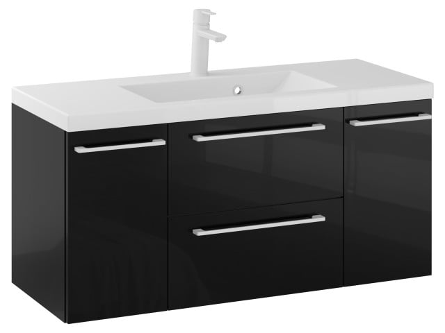 Szafka Wisząca Z Umywalką RON 100 cm D - Czarny Wysoki Połysk - Uchwyty Białe Matowe Szafka Wisząca Z Umywalką RON 100 cm D - Czarny Wysoki Połysk - Uchwyty Białe Matowe