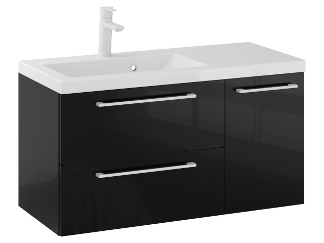 Szafka Wisząca Z Umywalką RON 90 cm D Lewa - Czarny Wysoki Połysk - Uchwyty Białe Matowe Szafka Wisząca Z Umywalką RON 90 cm D Lewa - Czarny Wysoki Połysk - Uchwyty Białe Matowe