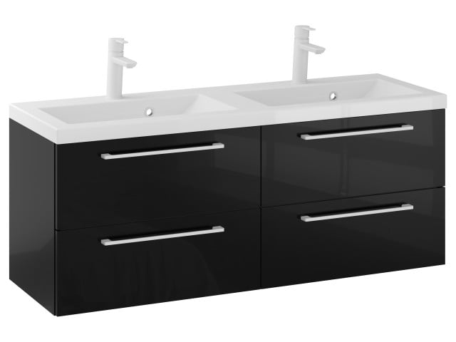 Szafka Wisząca Z Umywalką RON 120 cm DUO - Czarny Wysoki Połysk - Uchwyty Białe Matowe Szafka Wisząca Z Umywalką RON 120 cm DUO - Czarny Wysoki Połysk - Uchwyty Białe Matowe