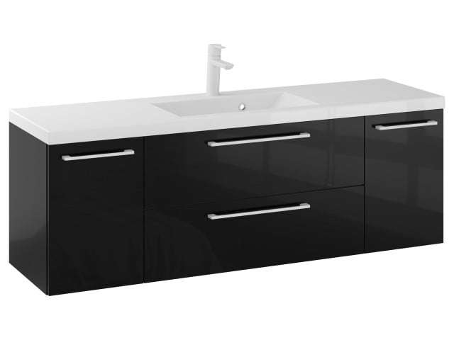 Szafka Wisząca Z Umywalką RON 140 cm D - Czarny Wysoki Połysk - Uchwyty Białe Matowe Szafka Wisząca Z Umywalką RON 140 cm D - Czarny Wysoki Połysk - Uchwyty Białe Matowe