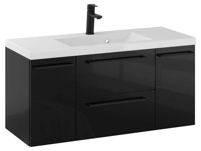 Szafka Wisząca Z Umywalką RON 100 cm D - Czarny Wysoki Połysk - Uchwyty Czarne Matowe Szafka Wisząca Z Umywalką RON 100 cm D - Czarny Wysoki Połysk - Uchwyty Czarne Matowe