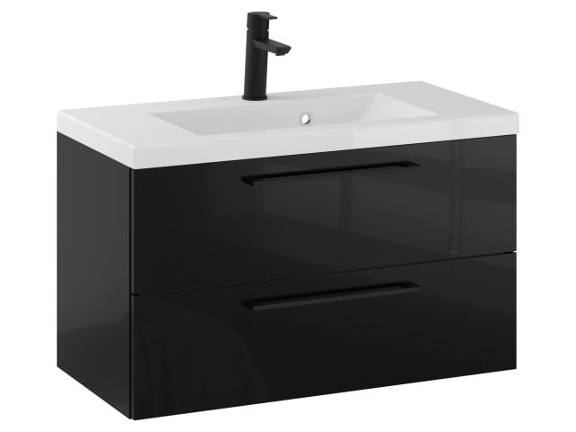 Szafka Wisząca Z Umywalką RON 80 cm - Czarny Wysoki Połysk - Uchwyty Czarne Matowe Szafka Wisząca Z Umywalką RON 80 cm - Czarny Wysoki Połysk - Uchwyty Czarne Matowe
