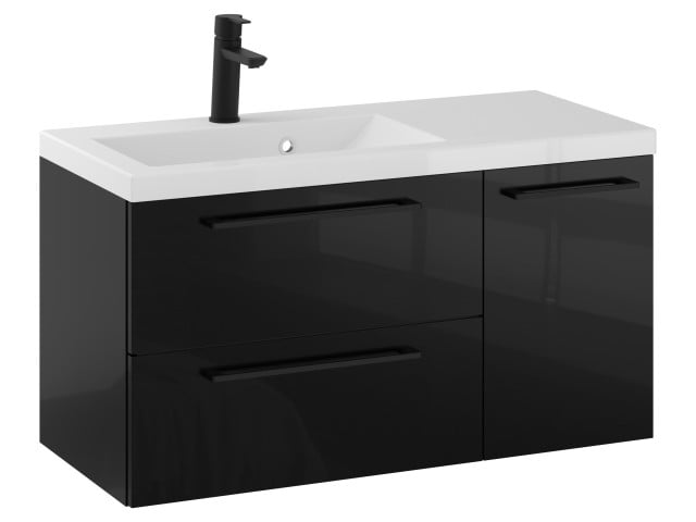 Szafka Wisząca Z Umywalką RON 90 cm D Lewa - Czarny Wysoki Połysk - Uchwyty Czarne Matowe Szafka Wisząca Z Umywalką RON 90 cm D Lewa - Czarny Wysoki Połysk - Uchwyty Czarne Matowe
