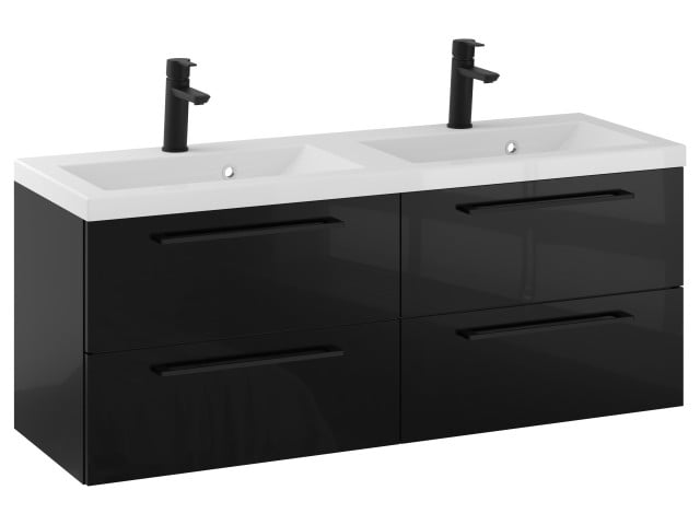 Szafka Wisząca Z Umywalką RON 120 cm DUO - Czarny Wysoki Połysk - Uchwyty Czarne Matowe