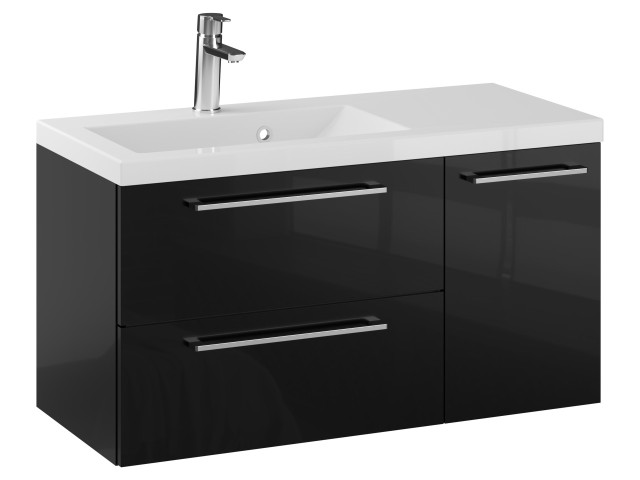 Szafka Wisząca Z Umywalką RON 90 cm D Lewa - Czarny Wysoki Połysk - Uchwyty Chromowane Szafka Wisząca Z Umywalką RON 90 cm D Lewa - Czarny Wysoki Połysk - Uchwyty Chromowane