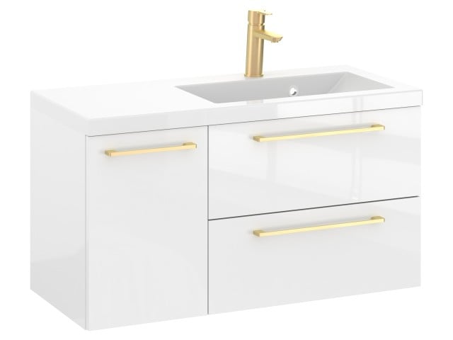 Szafka Wisząca Z Umywalką RON 90 cm D Prawa - Biały Wysoki Połysk - Uchwyty Złote Szczotkowane Szafka Wisząca Z Umywalką RON 90 cm D Prawa - Biały Wysoki Połysk - Uchwyty Złote Szczotkowane
