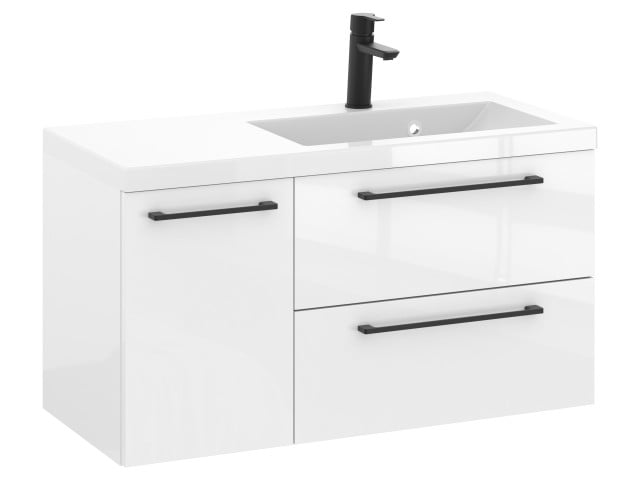 Szafka Wisząca Z Umywalką RON 90 cm D Prawa - Biały Wysoki Połysk - Uchwyty Czarne Matowe Szafka Wisząca Z Umywalką RON 90 cm D Prawa - Biały Wysoki Połysk - Uchwyty Czarne Matowe
