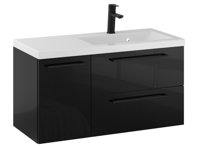Szafka Wisząca Z Umywalką RON 90 cm D Prawa - Czarny Wysoki Połysk - Uchwyty Czarne Matowe Szafka Wisząca Z Umywalką RON 90 cm D Prawa - Czarny Wysoki Połysk - Uchwyty Czarne Matowe
