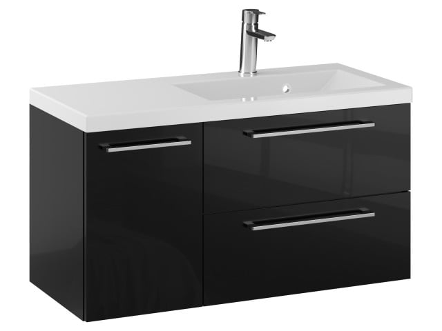 Szafka Wisząca Z Umywalką RON 90 cm D Prawa - Czarny Wysoki Połysk - Uchwyty Chromowane Szafka Wisząca Z Umywalką RON 90 cm D Prawa - Czarny Wysoki Połysk - Uchwyty Chromowane