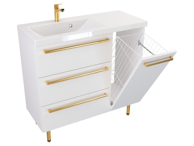 Szafka Stojąca Z Umywalką ATH 90 cm K Lewa - Biały Mat - Uchwyty Złote Polerowane