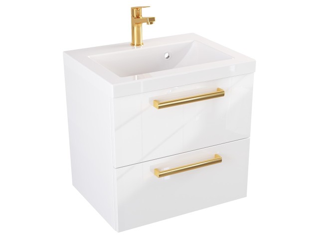Szafka Wisząca Z Umywalką ATH 50 cm - Biały Wysoki Połysk - Uchwyty Złote Polerowane Szafka Wisząca Z Umywalką ATH 50 cm - Biały Wysoki Połysk - Uchwyty Złote Polerowane