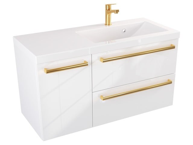 Szafka Wisząca Z Umywalką ATH 90 cm D Prawa - Biały Wysoki Połysk - Uchwyty Złote Polerowane Szafka Wisząca Z Umywalką ATH 90 cm D Prawa - Biały Wysoki Połysk - Uchwyty Złote Polerowane