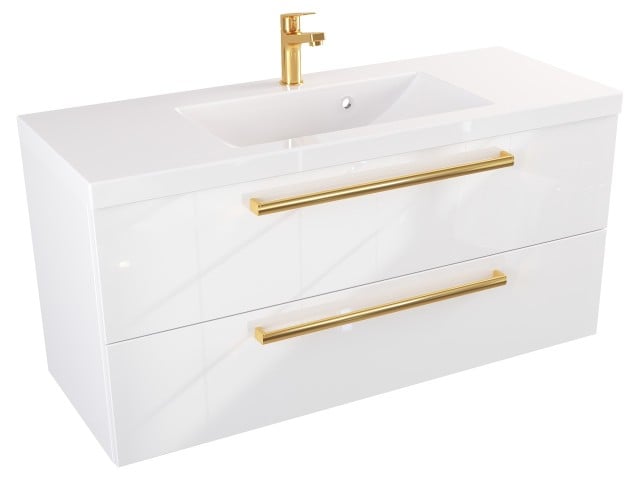 Szafka Wisząca Z Umywalką ATH 100 cm - Biały Wysoki Połysk - Uchwyty Złote Polerowane Szafka Wisząca Z Umywalką ATH 100 cm - Biały Wysoki Połysk - Uchwyty Złote Polerowane