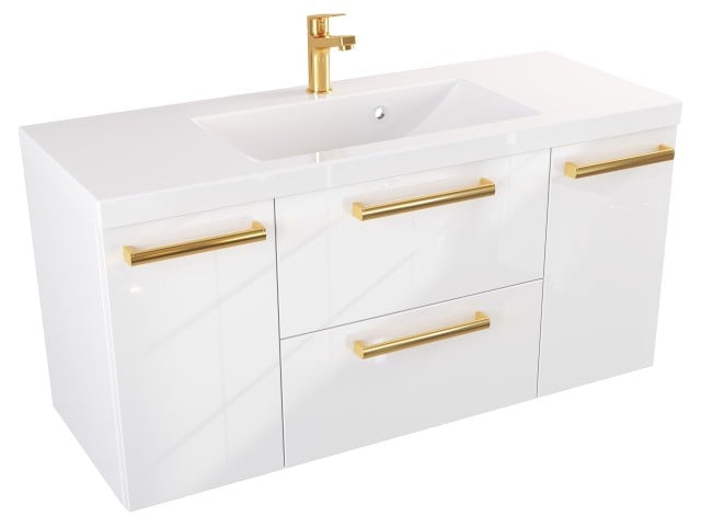 Szafka Wisząca Z Umywalką ATH 100 cm D - Biały Wysoki Połysk - Uchwyty Złote Polerowane Szafka Wisząca Z Umywalką ATH 100 cm D - Biały Wysoki Połysk - Uchwyty Złote Polerowane
