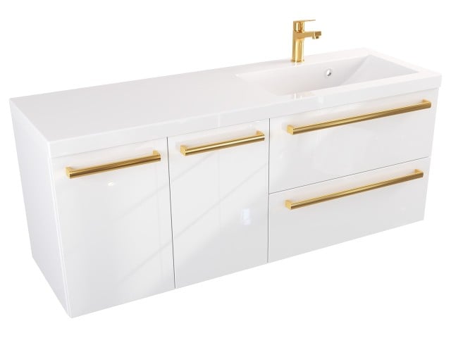 Szafka Wisząca Z Umywalką ATH 120 cm DS Prawa - Biały Wysoki Połysk - Uchwyty Złote Polerowane