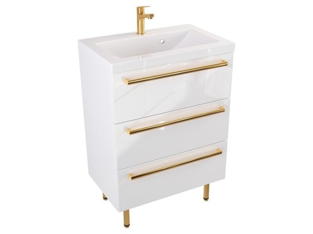Szafka Stojąca Z Umywalką ATH 60 cm - Biały Wysoki Połysk - Uchwyty Złote Polerowane Szafka Stojąca Z Umywalką ATH 60 cm - Biały Wysoki Połysk - Uchwyty Złote Polerowane