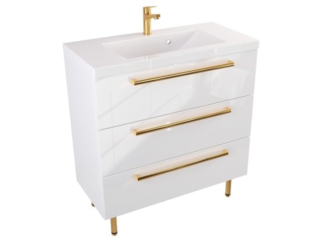 Szafka Stojąca Z Umywalką ATH 80 cm - Biały Wysoki Połysk - Uchwyty Złote Polerowane Szafka Stojąca Z Umywalką ATH 80 cm - Biały Wysoki Połysk - Uchwyty Złote Polerowane