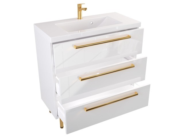 Szafka Stojąca Z Umywalką ATH 80 cm - Biały Wysoki Połysk - Uchwyty Złote Polerowane